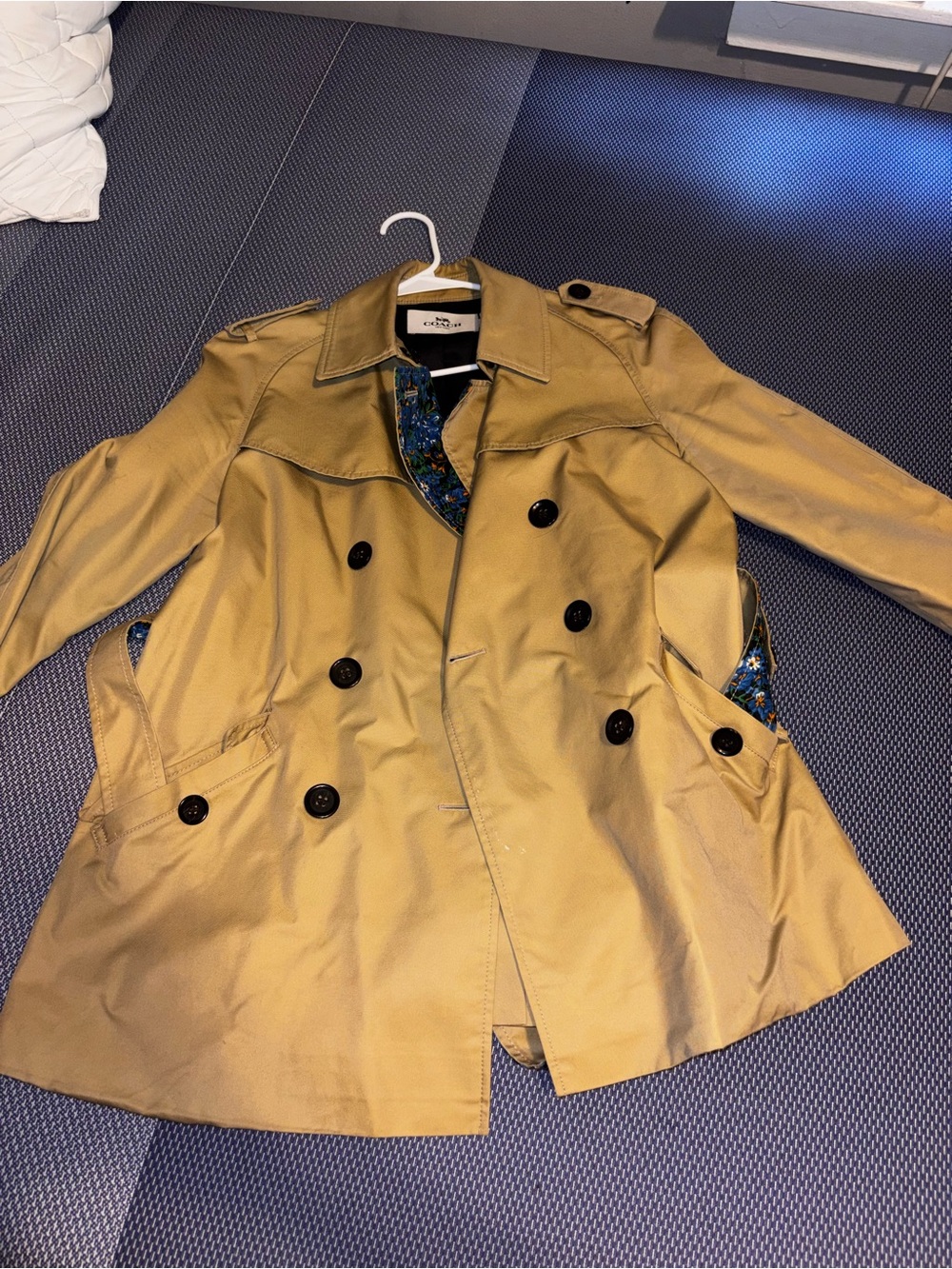 Coach Tan Trench Coat with Blue Floral Lining
